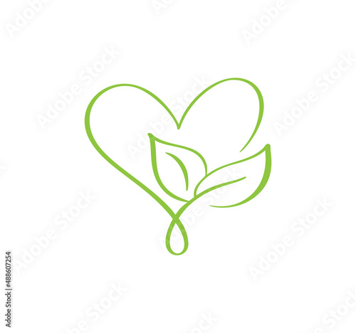 Green vector icon heart shape and leaf. Can be used for eco, vegan herbal healthcare or nature care concept organic logo design