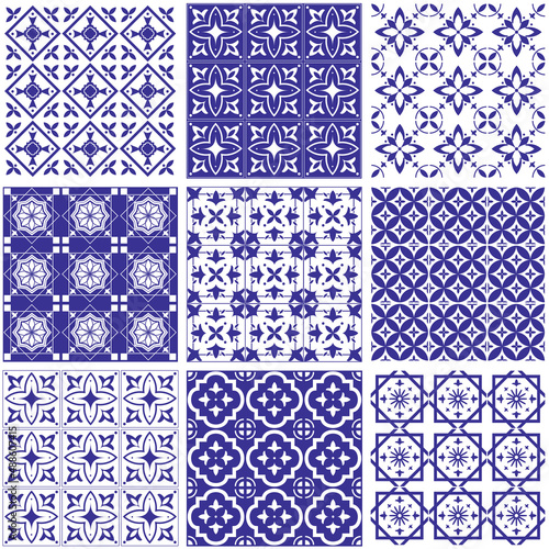 Mediterranean in blue, white. Original traditional Mosaic Portuguese and Spain decor. Seamless patchwork tile vector EPS10 Design for fashion , fabric, textile, wallpaper, cover, web ,