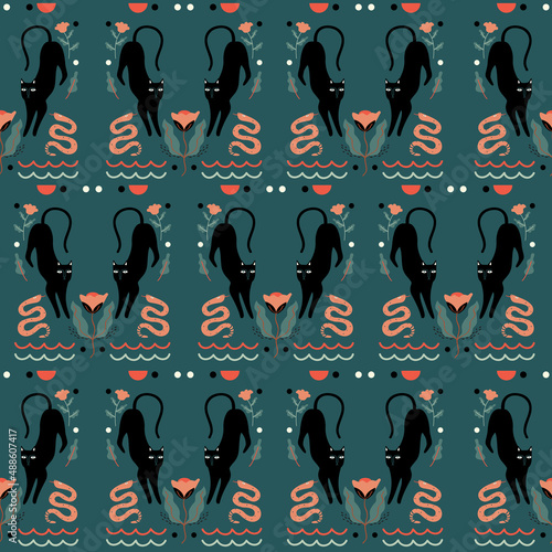 Vector seamless pattern Black cute cats and flowers ,snake on dark green background. Hand drawn illustration.Design for fashion , fabric, textile, wallpaper, cover, web , wrapping