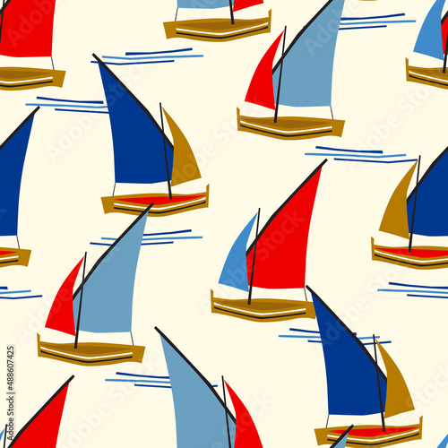 Modern Summer Seamless vector pattern Modern  sailing yachts and ocean waves . Design for fashion , fabric, textile, wallpaper, cover, web , wrapping and all prints