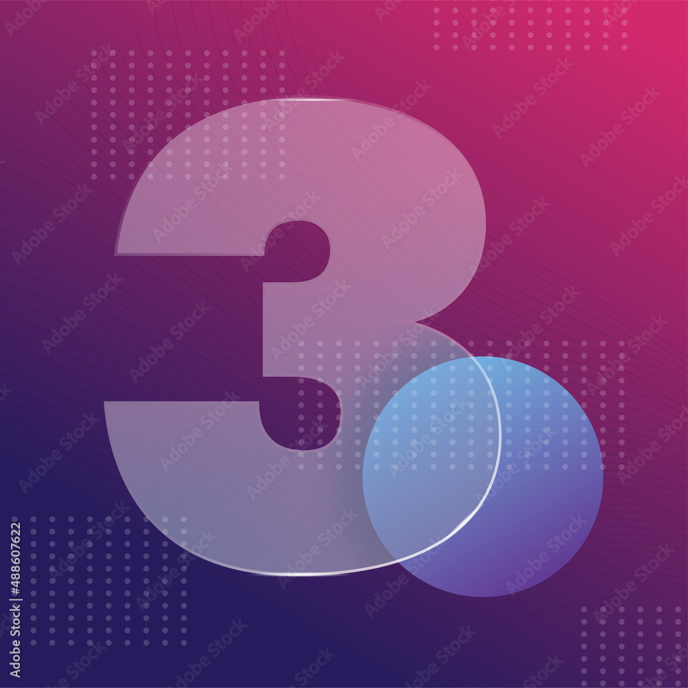 Glass morphism effect. Transparent frosted acrylic shape number 3 on purple blue gradient bacground Realistic glassmorphism matte plexiglass rectangle shapes. Futuristic style banner. Vector