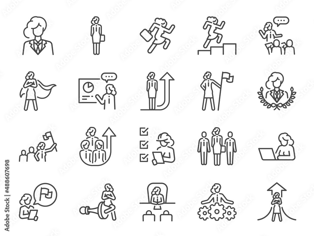 Fototapeta premium Businesswoman line icon set. Included the icons as girl power, human rights, diversity, inclusion, and more.