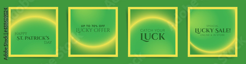 Saint Patrick Day neon modern art square cover design. Social media square post template with blurry laser gradient. Circular radial gradient layout design set for lucky sale posts, banners. Vector.	
