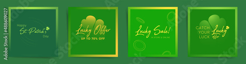 Social media square posts template set for Saint Patrick Day. Lucky offer, sale promotion banners woth lucky gold coins and green shamrock.