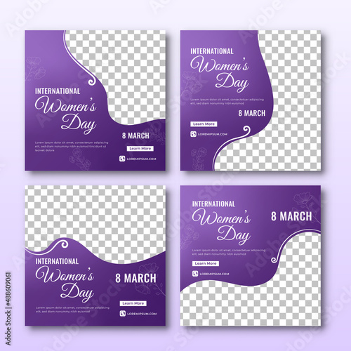Set of Social media post template for International women's day. Editable square banner with place for the photo. Usable for social media post, card, banner, and web ad.