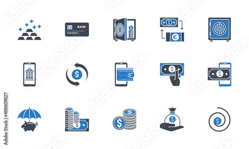Banking icons set. Related glyph icons. Black and blue color. Isolated on white background