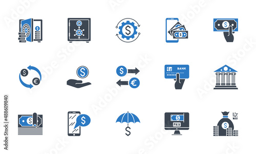 Banking icons set. Related glyph icons. Black and blue color. Isolated on white background
