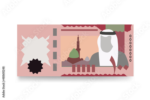 Saudi Riyal Vector Illustration. Saudi Arabia money set bundle banknotes. Paper money 100 SAR. Flat style. Isolated on white background. Simple minimal design.