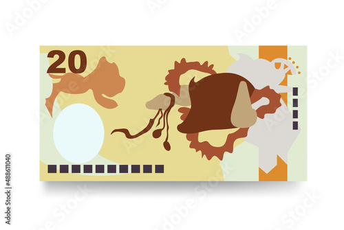Kina Vector Illustration. Papua New Guinea money set bundle banknotes. Paper money 20 PGK. Flat style. Isolated on white background. Simple minimal design.