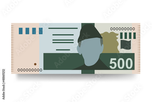 Pakistan Rupee Vector Illustration. Pakistani money set bundle banknotes. Paper money 500 PKR. Flat style. Isolated on white background. Simple minimal design.