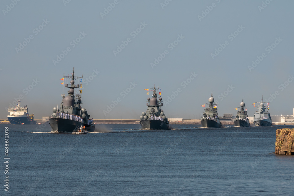 Russia. Kronstadt. July 25, 2019. Wake formation of warships at the parade rehearsal.