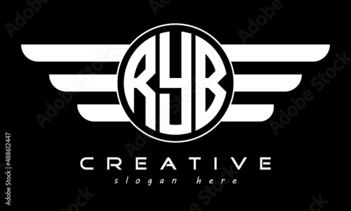 RYB three letter monogram type circle letter logo with wings vector template.
