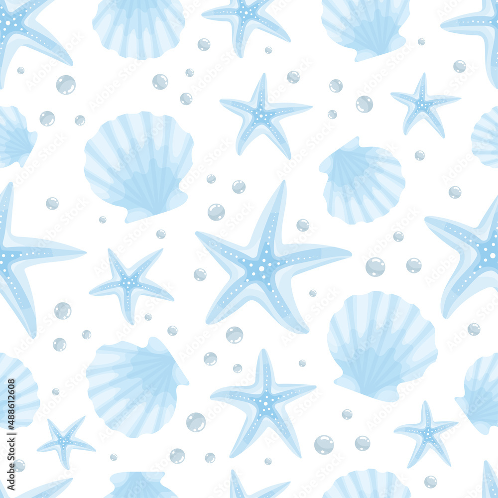 Seamless pattern with starfish and shells and air bubbles. Cartoon vector graphics.