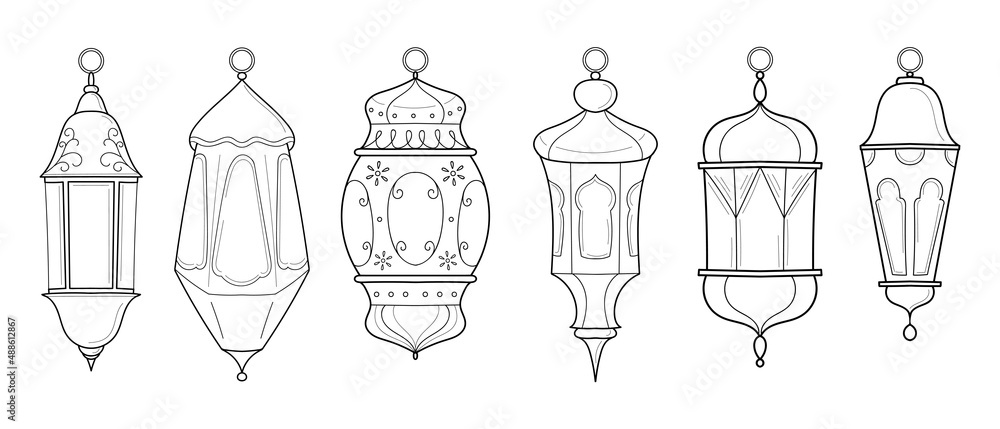 Set of hanging streetlights isolated on white background. Cartoon sketch drawn by in. Hand drawn vector illustration. Set of hanging streetlights isolated on white background. Cartoon sketch drawn by in. Hand drawn vector illustration.