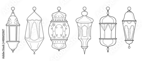 Set of hanging streetlights isolated on white background. Cartoon sketch drawn by in. Hand drawn vector illustration.