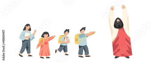 Jesus Christ with children, Messiah symbol of Christianity hand drawn vector.
