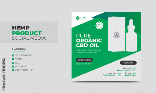 Hemp or Cbd Product Social Media Banner Post Template. Cannabis Sativa Product Sale Promotion Social Media Ads Banners