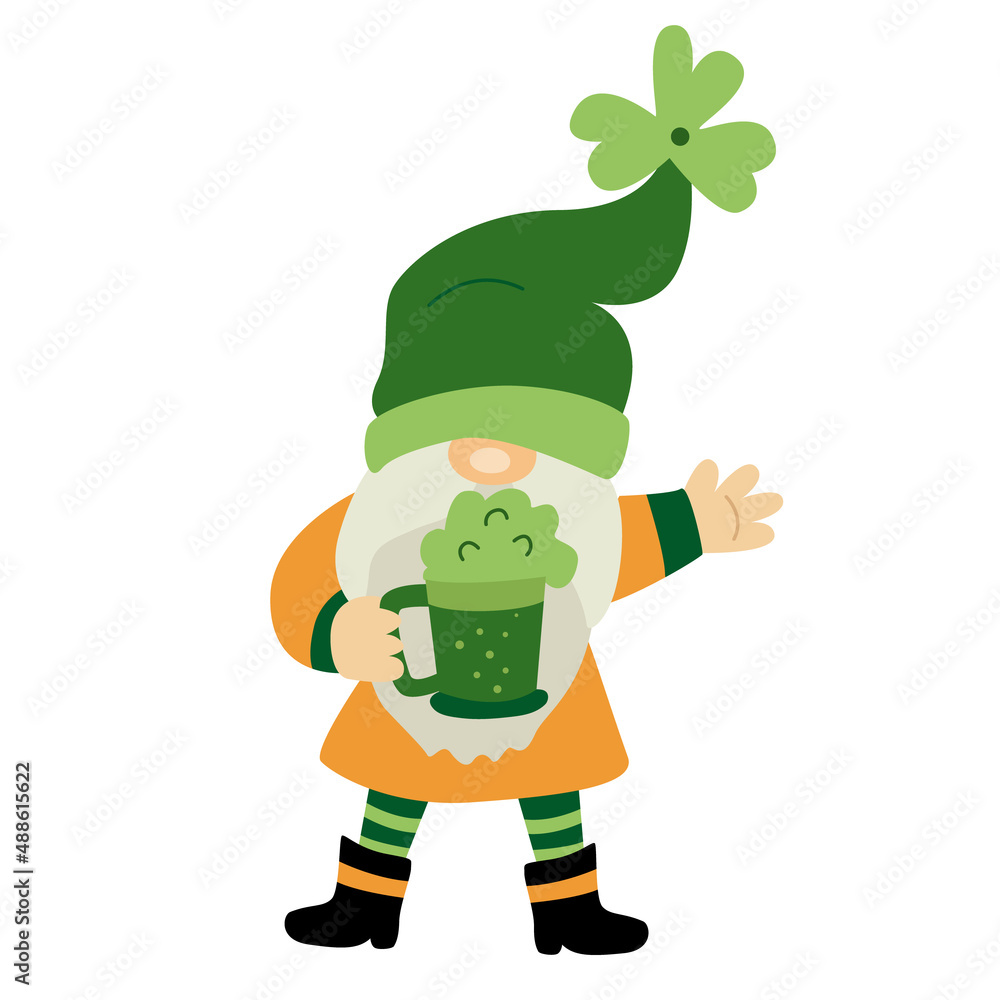 St. Patrick's Day funny gnome with green beer. Cartoon  vector illustration isolated on white. Great for greeting cards, pub invitations, posters, t-shirts design. Male character.