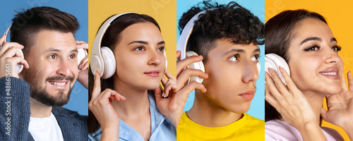 Collage. Young cheerful people, men and women listening to music in headphones isolated over multicolored background
