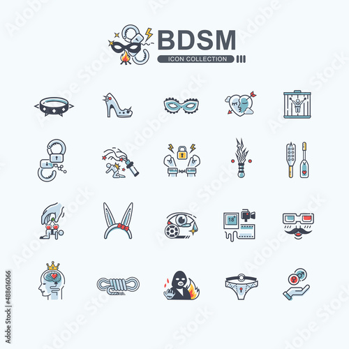 BDSM web icon for sexualities, Bondage, Discipline, Sadism, Masochism acronym, Dominant and submissive. Minimal flat cartoon.