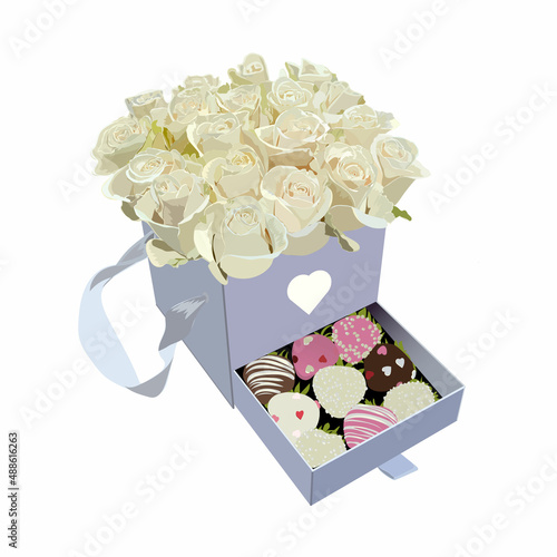 white roses with chocolate candies in a hat box congratulations