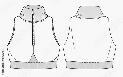 Girls Sports Bra fashion flat  sketch template. Women Active wear Crop top technical fashion illustration. Front and back view. Outline fashion technical sketch of clothes model.