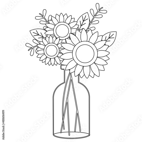 Sunflower in jar or vase in outline vector style. Illustration about flower, floral, botanical theme.