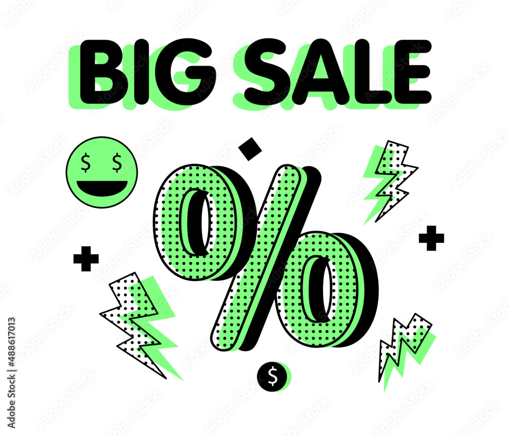 Naklejka premium Big sale banner for shopping discount promotion. Summer or spring special offer. Percent sign, emoji, dollar sign, lightning in trendy green color. 