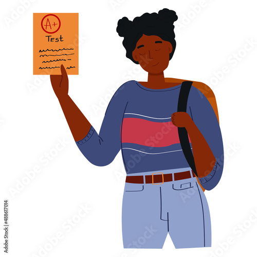 A black student holding a test paper. African American girl with backpack. Education concept. Isolated on white.