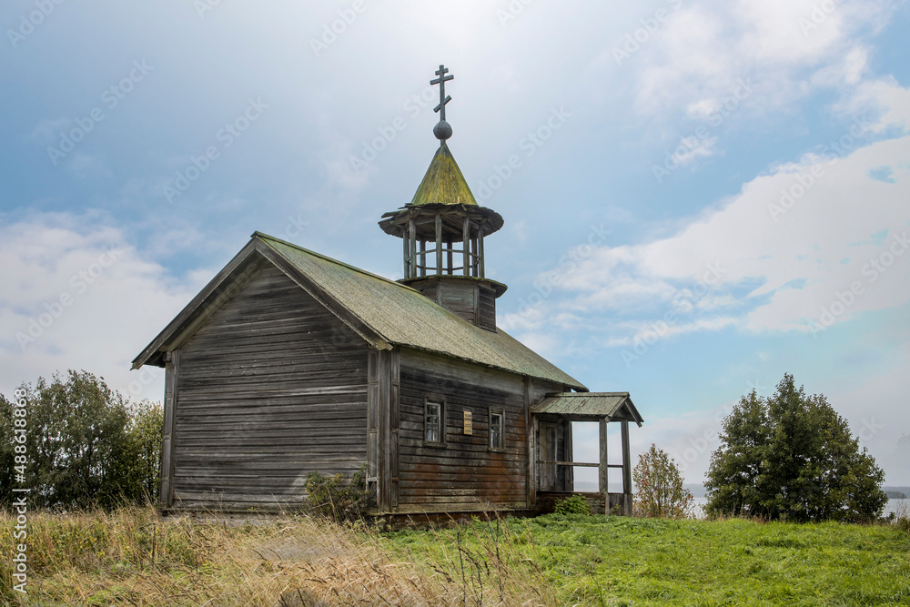 Karelia, Russia - 20 September 2021, Chapel in honor of Sampson in the village of Kondoberezhskaya. An architectural monument of the nineteenth century.
