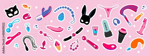 Collection of stickers of sex toys. Vector illustration. Sex shop.
