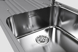 Metal sink kitchen sink close up. Drain water with grate in shiny stainless steel sink. Overflow of water close up in gray washbasin. 3D illustration.