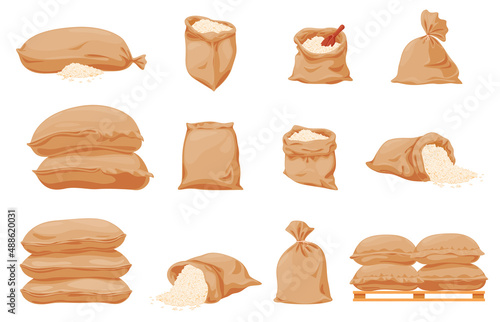 Collection large textile bags of rice vector flat illustration. Set of burlap sacks full of groats