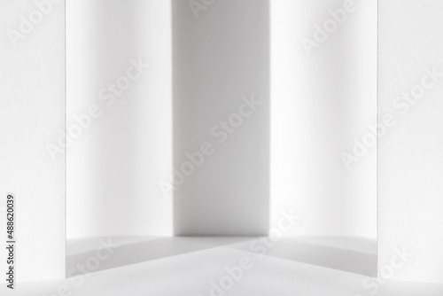Abstract white 3d studio background for cosmetic product presentation. Empty grey room with shadows of window. Display product with blurred backdrop.