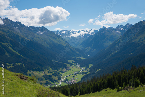 view from Gotschnaboden to Silvretta mountains, landscape near tourist resort Klosters, switzerland