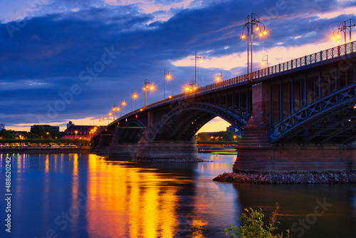 Theodor-Heuss bridge in Mainz, Rhineland-Palatinate, the connection between Mainz and Wiesbaden in the blue hour with water reflection