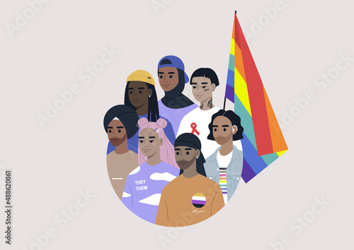 A diverse group of modern millennials with a rainbow flag drawn in a circle, people wearing LGBTQ community signs and symbols