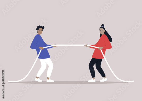 Tug of war, two characters pulling a rope in opposite directions