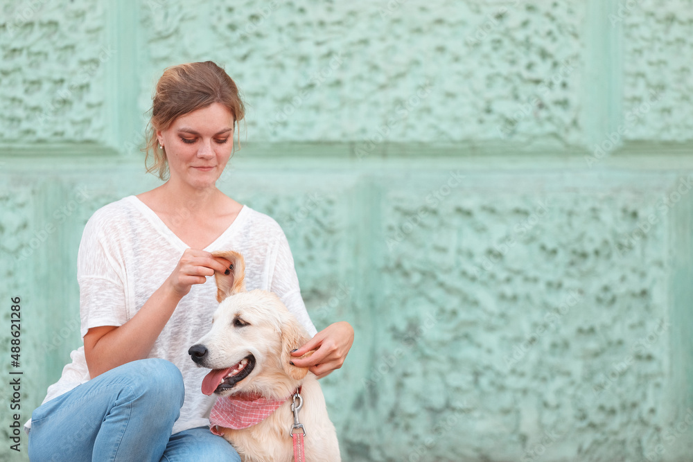 Young woman playing with golden retriever puppy against mint wall Young woman playing with golden retriever puppy against mint wall