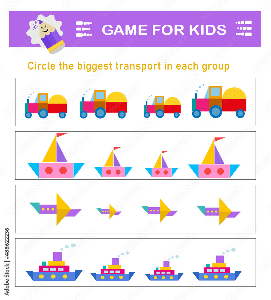 Circle the biggest transport in each group. Puzzle game for kids. Attention tasks for children