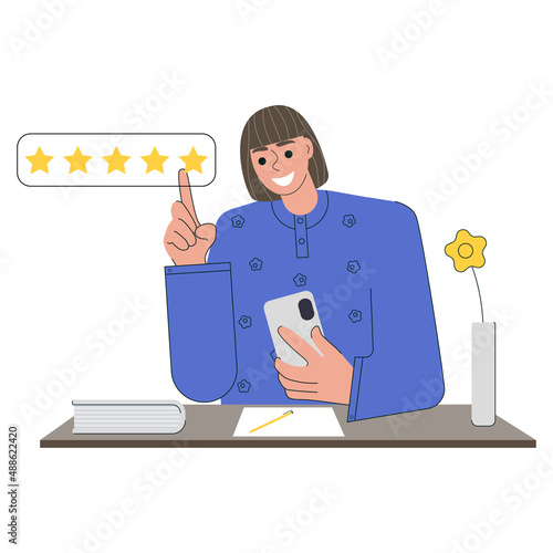 The girl gives it a five-star rating. A young woman gives the app an excellent rating on the Internet. Flat vector illustration on white background. For print, web design.