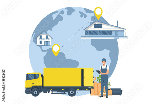 The concept of a service for moving anywhere in the world. Vector illustration.