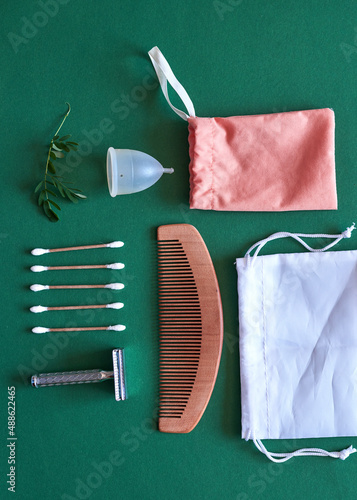 Flat lay of sustainable and eco-friendly grooming and bath products photo