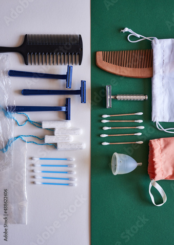 A comparison flat lay of plastic and eco-friendly hygiene products  photo