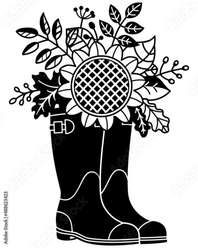 Rainboots and Sunflower. Silhouette vector illustration, cut file. Spring, summer design