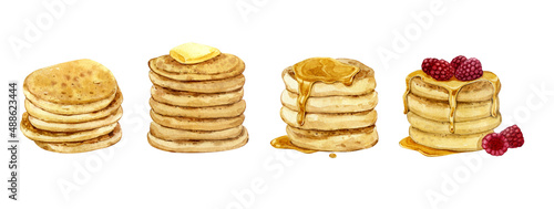 Watercolor clip art. Pancakes with different types of topping. Honey, raspberries, butter. Pancake Day.