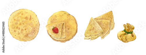 Watercolor clip art. Four types of thin pancakes. Crepe clip art. Pancake Day.