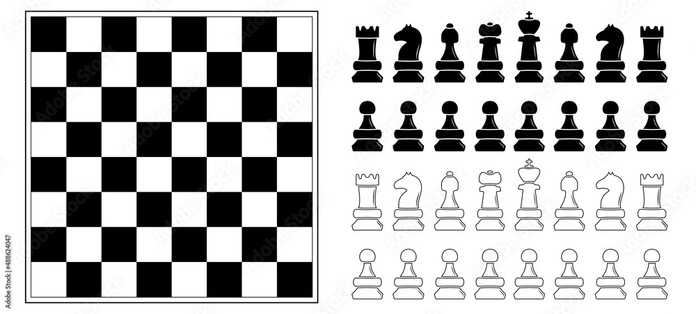 Chess board, chess pieces icon set on white background. Strategy game ...