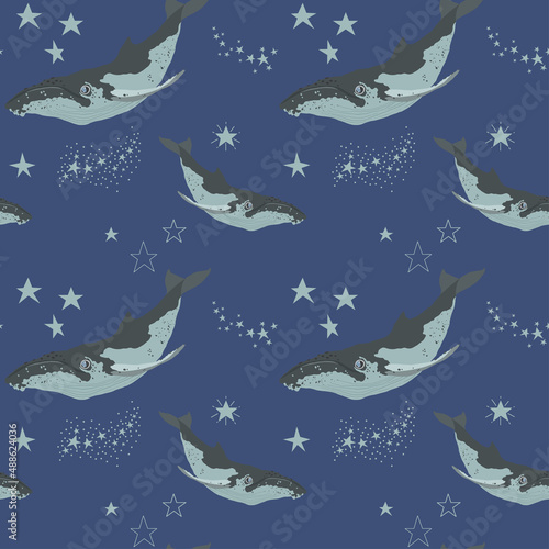 Modern vector seamless pattern with whales and stars on blue background. Beautiful onamental animal print, fairytale fantasy illustration