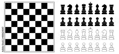 Chess board, chess pieces icon set on white background. Strategy game concept check background. Business competition, knowledge, logical thinking concept vector design. 
